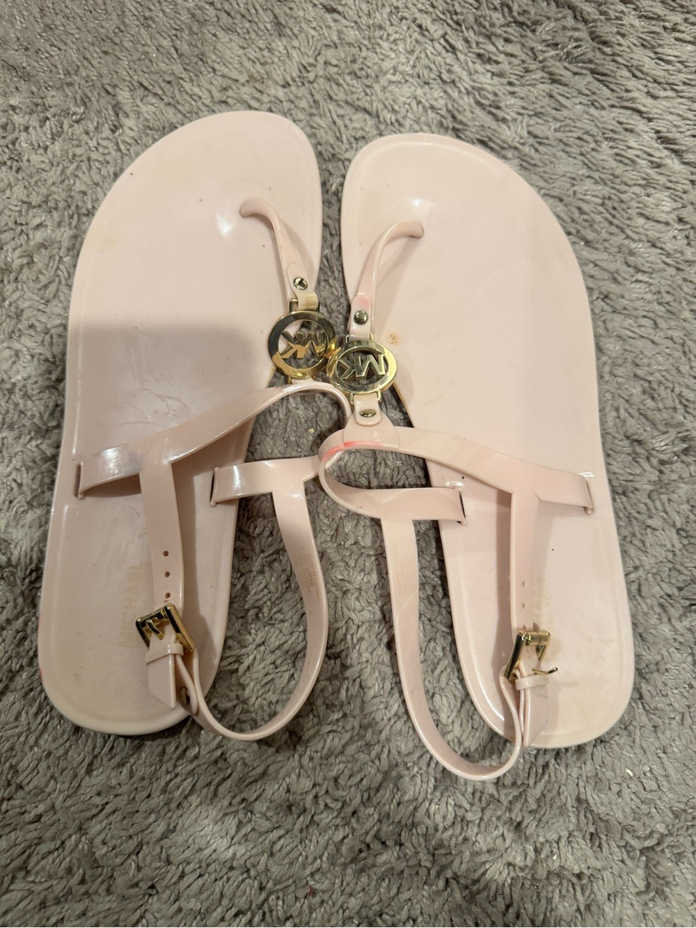 Michael Kors Pale Pink Jelly T-Strap Sandals with Gold Logo